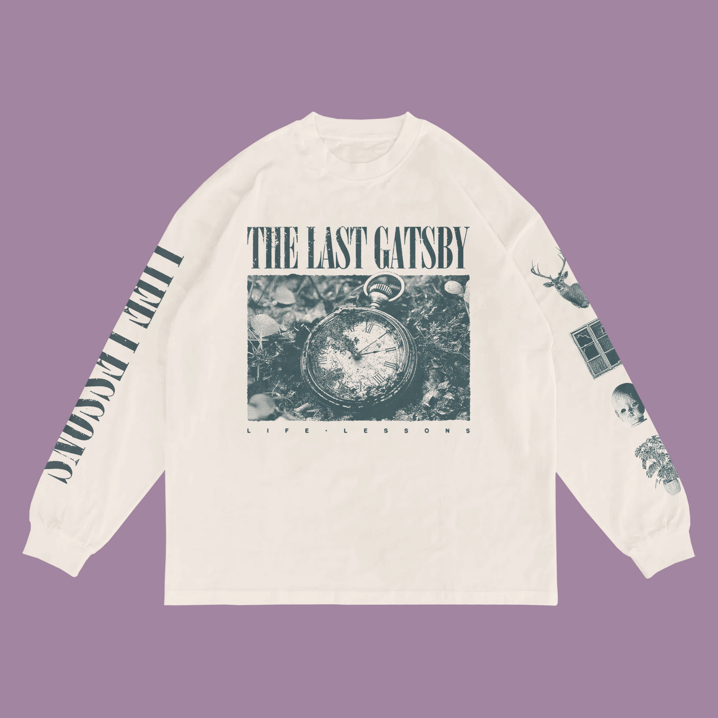 The Last Gatsby Pocketwatch Life Lessons longsleeve in ivory lagoon blue ink. Right Sleeve is the text Life Lessons on the left images from the life lessons music video, Deer, Broken Window, Doll Head, and plant.