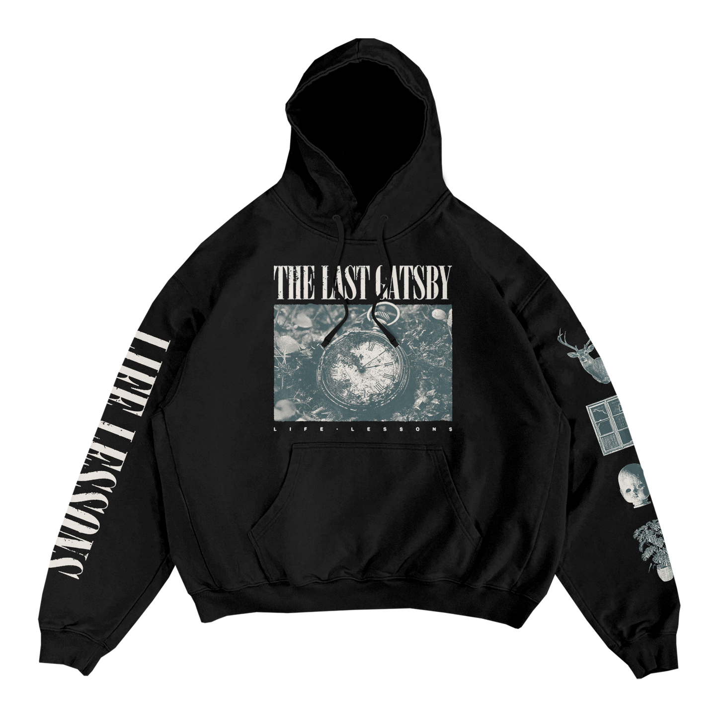 The Last Gatsby Pocketwatch Life Lessons hoodie in black with light ink, lagoon blue on black hoodie. Right Sleeve is the text Life Lessons on the left images from the life lessons music video, Deer, Broken Window, Doll Head, and plant.