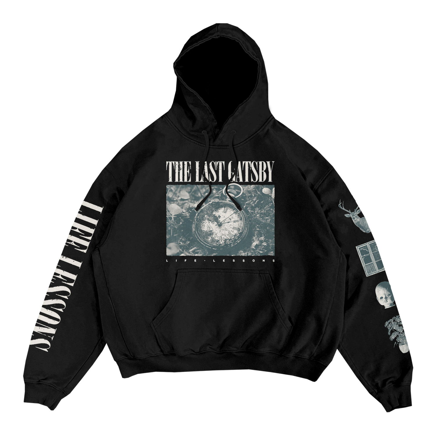 The Last Gatsby Pocketwatch Life Lessons hoodie in black with light ink, lagoon blue on black hoodie. Right Sleeve is the text Life Lessons on the left images from the life lessons music video, Deer, Broken Window, Doll Head, and plant.